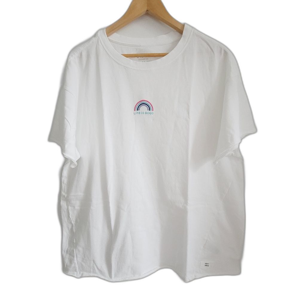 Life is Good Womens  RAIMBOW  White Short Sleeve Crusher Tee Oversized Size M